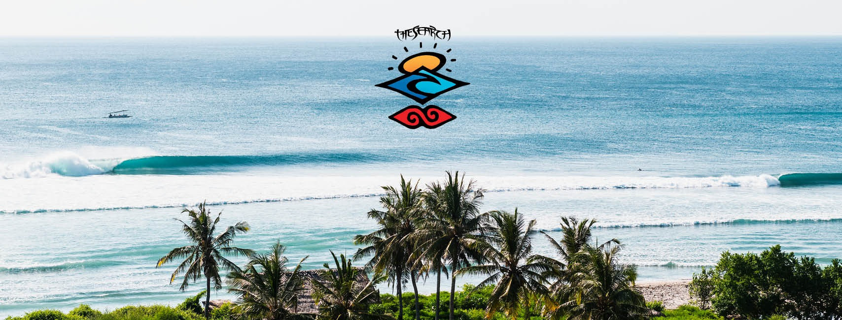Scenic view of a beach with palm trees and ocean waves, featuring a logo at the top. Surf brand in the middle