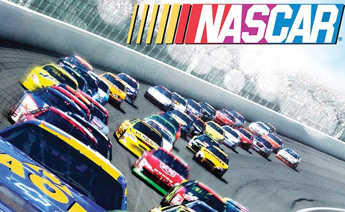 NASCAR race cars on a track with the NASCAR logo above