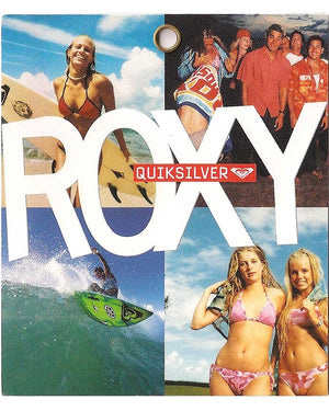 Collage of people at the beach with 'Roxy' and 'Quiksilver' branding.