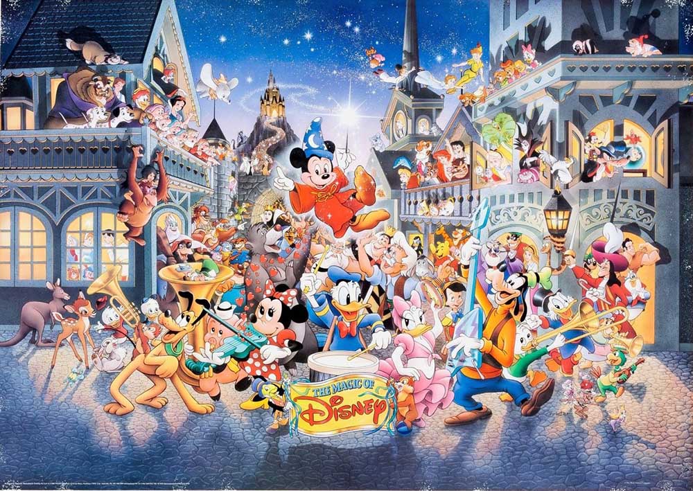Group of animated characters in front of a castle with 'The World of Disney' logo.
