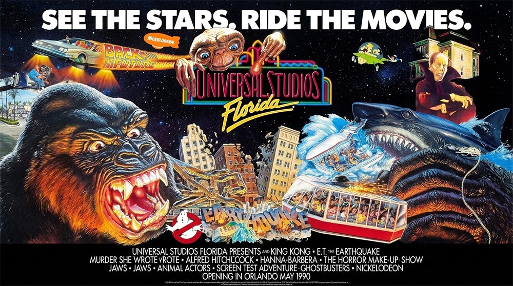 Vintage advertisement for Universal Studios Florida featuring iconic characters and attractions.
