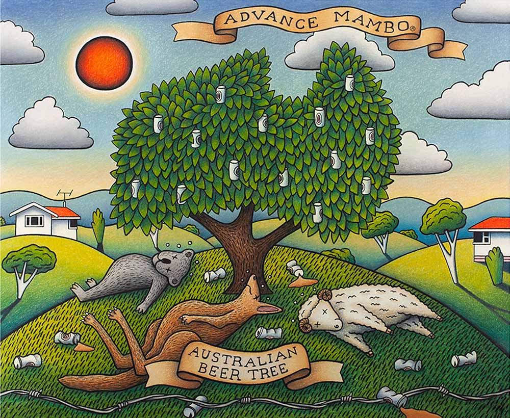 Colorful illustration of a tree with beer cans, animals, and banners in a landscape setting.