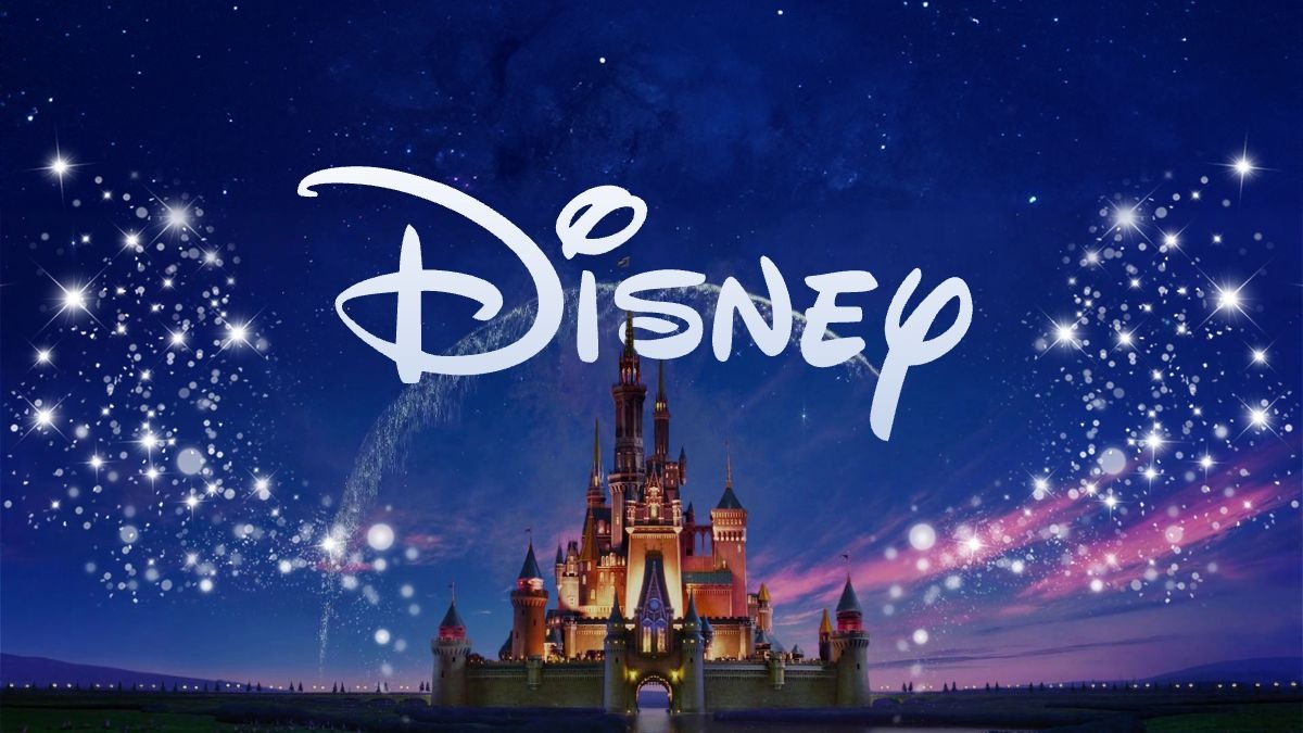 Disney logo with a castle and fireworks in the background