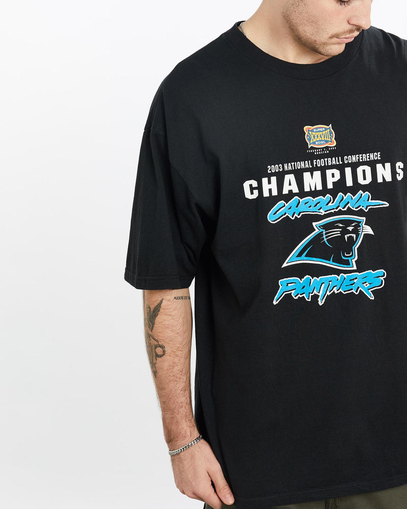 Vintage, NFL, Carolina, Panthers, Tee, The Real Deal, size extra large, colour Black, newtown, sydney, australia, thrift store, opshop, preloved, secondhand, sustainable, retro, antique, 70s, 80s, 90s, 2000s, 00s, fashion, clothing, streetwear, trendy, garment, style, boutique, store, shop, archive, sale, cheap, best, top, T-Shirts