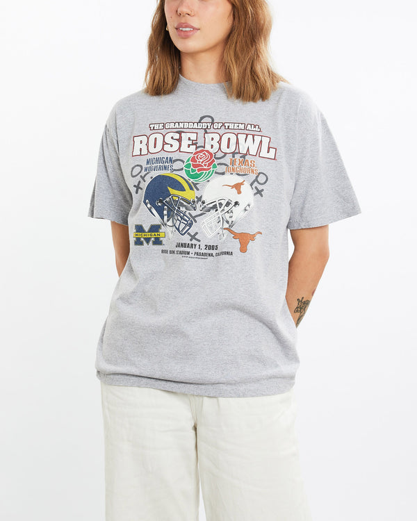 Vintage, NCAA, Wolverines, vs, Longhorns, Rose, Bowl, Tee, The Real Deal, size medium, colour Grey, newtown, sydney, australia, thrift store, opshop, preloved, secondhand, sustainable, retro, antique, 70s, 80s, 90s, 2000s, 00s, fashion, clothing, streetwear, trendy, garment, style, boutique, store, shop, archive, sale, cheap, best, top, T-Shirts