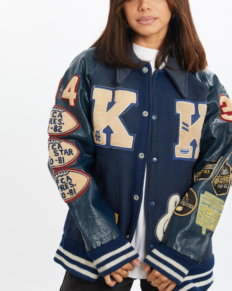 Vintage, 80s, Letterman, Varsity, Jacket, The Real Deal, size extra small, colour Blue, newtown, sydney, australia, thrift store, opshop, preloved, secondhand, sustainable, retro, antique, 70s, 80s, 90s, 2000s, 00s, fashion, clothing, streetwear, trendy, garment, style, boutique, store, shop, archive, sale, cheap, best, top, Jackets