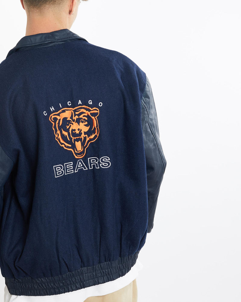 Vintage, 90s, NFL, Chicago, Bears, Varsity, Jacket, The Real Deal, size large, colour Navy, newtown, sydney, australia, thrift store, opshop, preloved, secondhand, sustainable, retro, antique, 70s, 80s, 90s, 2000s, 00s, fashion, clothing, streetwear, trendy, garment, style, boutique, store, shop, archive, sale, cheap, best, top, Jackets