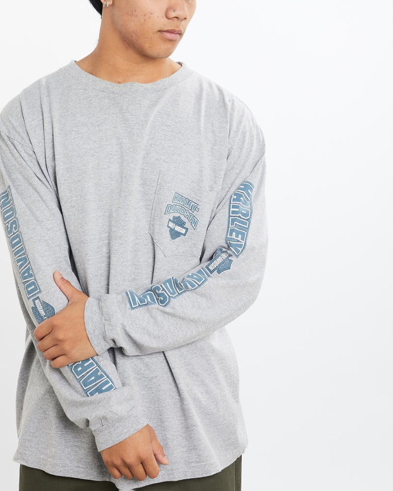 Vintage, Harley, Davidson, Long, Sleeve, Tee, The Real Deal, size large, colour Grey, newtown, sydney, australia, thrift store, opshop, preloved, secondhand, sustainable, retro, antique, 70s, 80s, 90s, 2000s, 00s, fashion, clothing, streetwear, trendy, garment, style, boutique, store, shop, archive, sale, cheap, best, top, T-Shirts