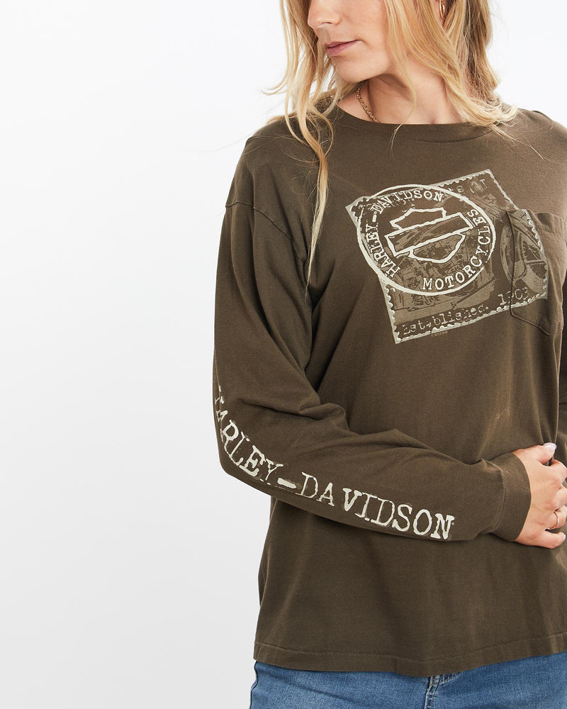 Vintage, Harley, Davidson, Long, Sleeve, Tee, The Real Deal, size medium, colour Brown, newtown, sydney, australia, thrift store, opshop, preloved, secondhand, sustainable, retro, antique, 70s, 80s, 90s, 2000s, 00s, fashion, clothing, streetwear, trendy, garment, style, boutique, store, shop, archive, sale, cheap, best, top, T-Shirts