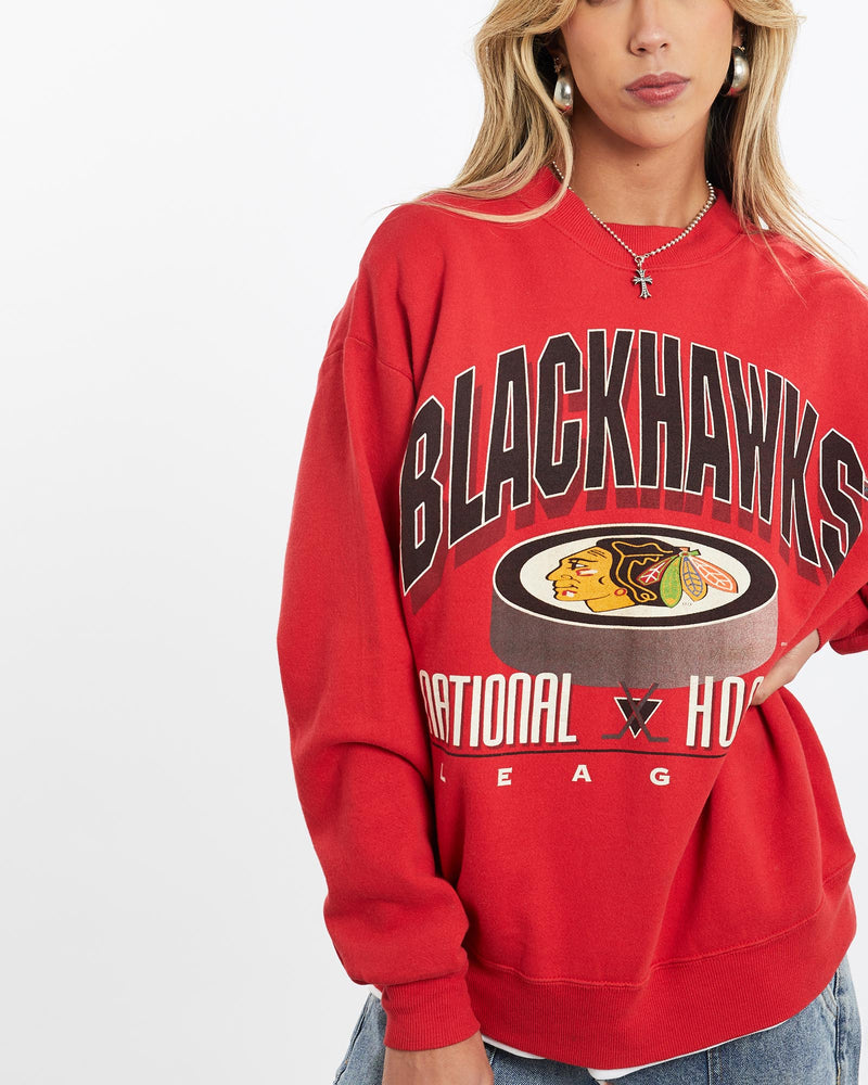 Vintage, 90s, NHL, Chicago, Blackhawks, Sweatshirt, The Real Deal, size small, colour Red, newtown, sydney, australia, thrift store, opshop, preloved, secondhand, sustainable, retro, antique, 70s, 80s, 90s, 2000s, 00s, fashion, clothing, streetwear, trendy, garment, style, boutique, store, shop, archive, sale, cheap, best, top, Sweats and hoodies