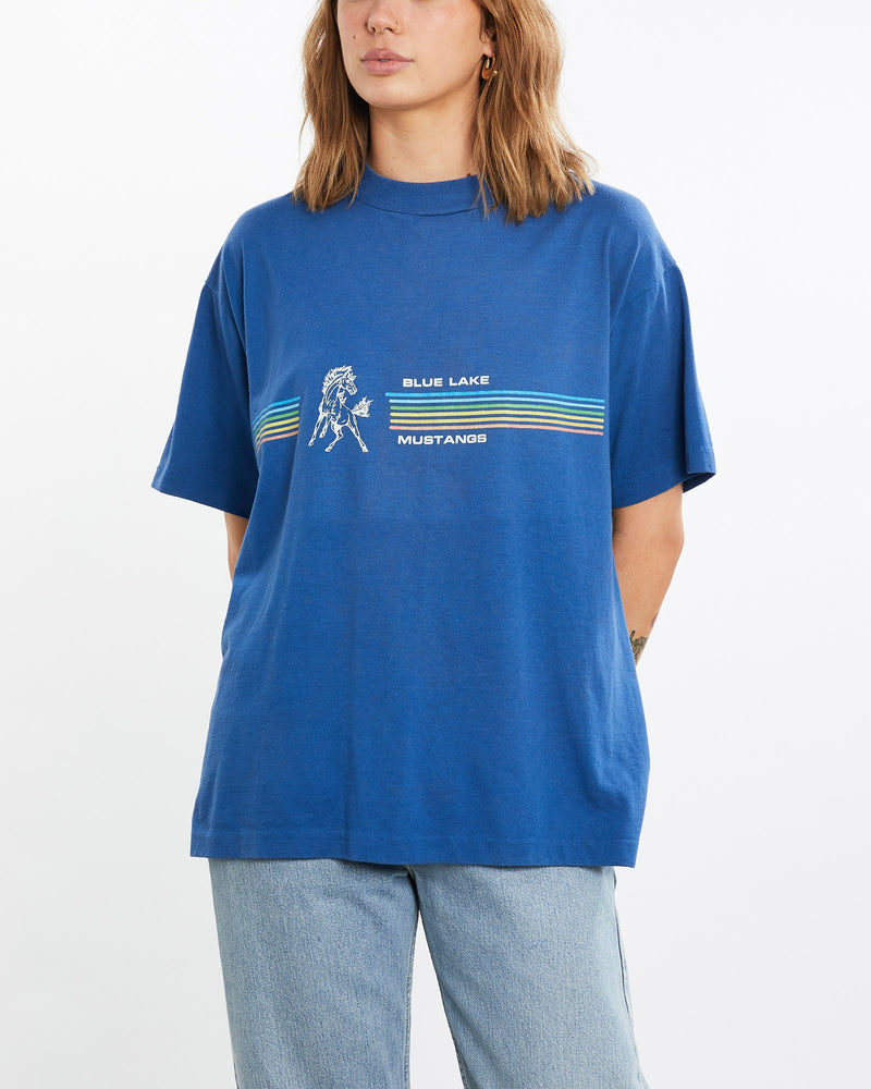 Vintage, 80s, Blue, Lake, Mustangs, Tee, The Real Deal, size medium, colour Blue, newtown, sydney, australia, thrift store, opshop, preloved, secondhand, sustainable, retro, antique, 70s, 80s, 90s, 2000s, 00s, fashion, clothing, streetwear, trendy, garment, style, boutique, store, shop, archive, sale, cheap, best, top, T-Shirts