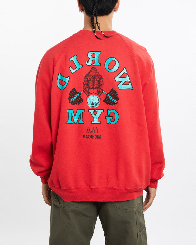 Vintage, 90s, World, Gym, Sweatshirt, The Real Deal, size large, colour Red, newtown, sydney, australia, thrift store, opshop, preloved, secondhand, sustainable, retro, antique, 70s, 80s, 90s, 2000s, 00s, fashion, clothing, streetwear, trendy, garment, style, boutique, store, shop, archive, sale, cheap, best, top, Sweats and hoodies