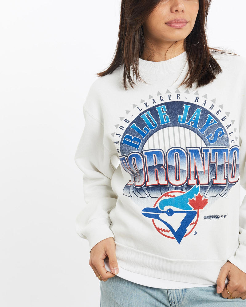 Vintage, 1995, MLB, Toronto, Blue, Jays, Sweatshirt, The Real Deal, size double extra small, colour White, newtown, sydney, australia, thrift store, opshop, preloved, secondhand, sustainable, retro, antique, 70s, 80s, 90s, 2000s, 00s, fashion, clothing, streetwear, trendy, garment, style, boutique, store, shop, archive, sale, cheap, best, top, Sweats and hoodies