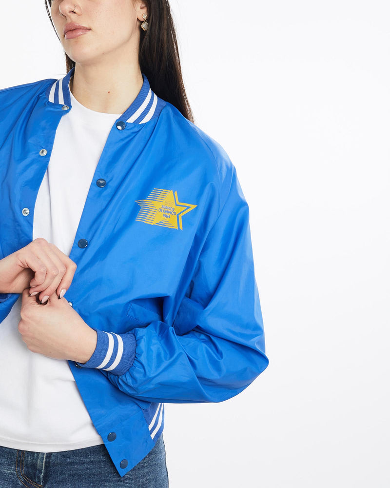 Vintage, 1984, Service, Olympics, Bomber, Jacket, The Real Deal, size medium, colour Blue, newtown, sydney, australia, thrift store, opshop, preloved, secondhand, sustainable, retro, antique, 70s, 80s, 90s, 2000s, 00s, fashion, clothing, streetwear, trendy, garment, style, boutique, store, shop, archive, sale, cheap, best, top, Jackets