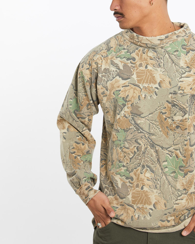 Vintage, 90s, Realtree, Camo, Long, Sleeve, Mock, Neck, Tee, The Real Deal, size large, colour Green, newtown, sydney, australia, thrift store, opshop, preloved, secondhand, sustainable, retro, antique, 70s, 80s, 90s, 2000s, 00s, fashion, clothing, streetwear, trendy, garment, style, boutique, store, shop, archive, sale, cheap, best, top, T-Shirts