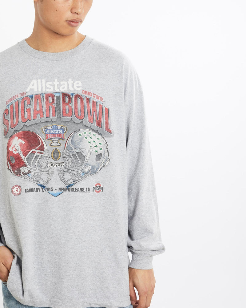 Vintage, NCAA, Crimson, Tide, vs, Buckeyes, Sugar, Bowl, Long, Sleeve, Tee, The Real Deal, size large, colour Grey, newtown, sydney, australia, thrift store, opshop, preloved, secondhand, sustainable, retro, antique, 70s, 80s, 90s, 2000s, 00s, fashion, clothing, streetwear, trendy, garment, style, boutique, store, shop, archive, sale, cheap, best, top, T-Shirts