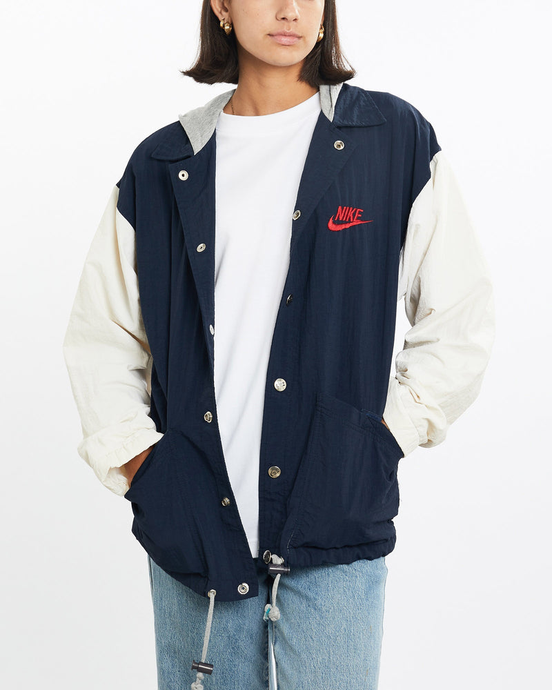 Vintage, 90s, Nike, Athletic, Hooded, Coaches, Jacket, The Real Deal, size small, colour Multicolour, newtown, sydney, australia, thrift store, opshop, preloved, secondhand, sustainable, retro, antique, 70s, 80s, 90s, 2000s, 00s, fashion, clothing, streetwear, trendy, garment, style, boutique, store, shop, archive, sale, cheap, best, top, Jackets