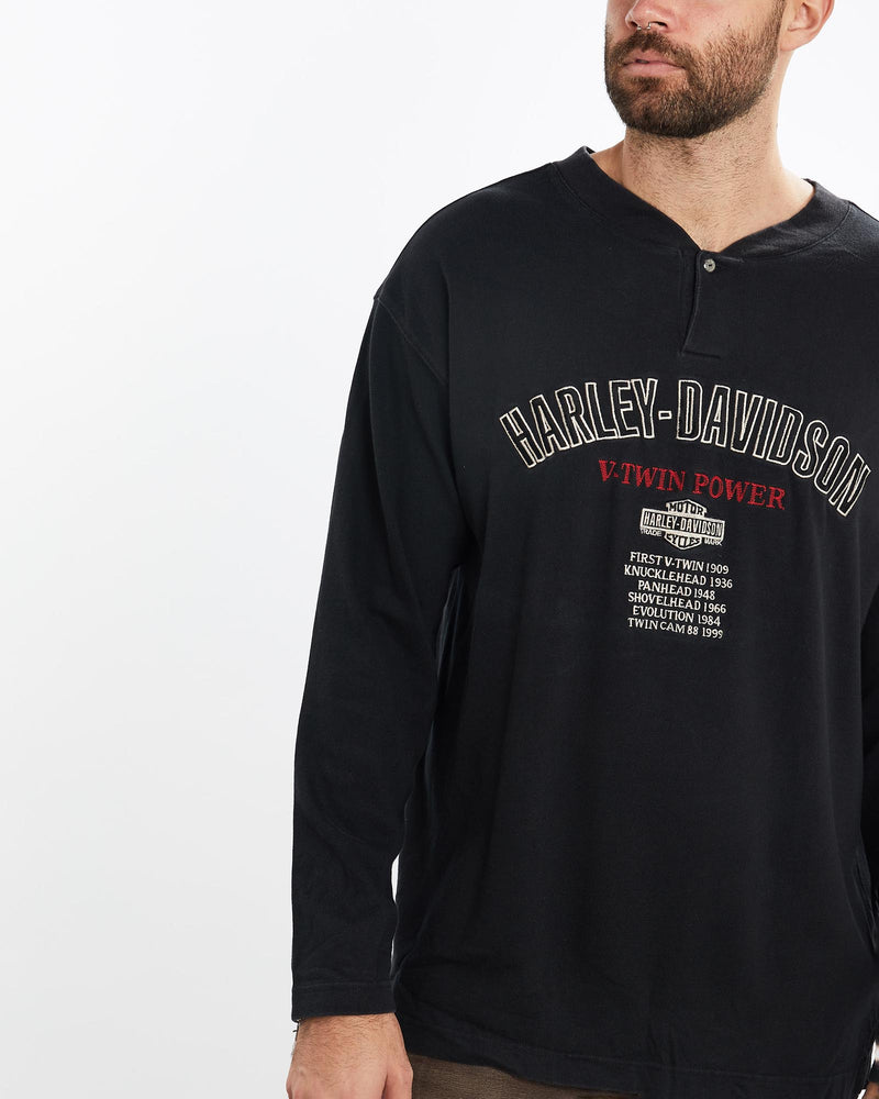 Vintage, Harley, Davidson, Long, Sleeve, Henley, Tee, The Real Deal, size extra large, colour Black, newtown, sydney, australia, thrift store, opshop, preloved, secondhand, sustainable, retro, antique, 70s, 80s, 90s, 2000s, 00s, fashion, clothing, streetwear, trendy, garment, style, boutique, store, shop, archive, sale, cheap, best, top, T-Shirts