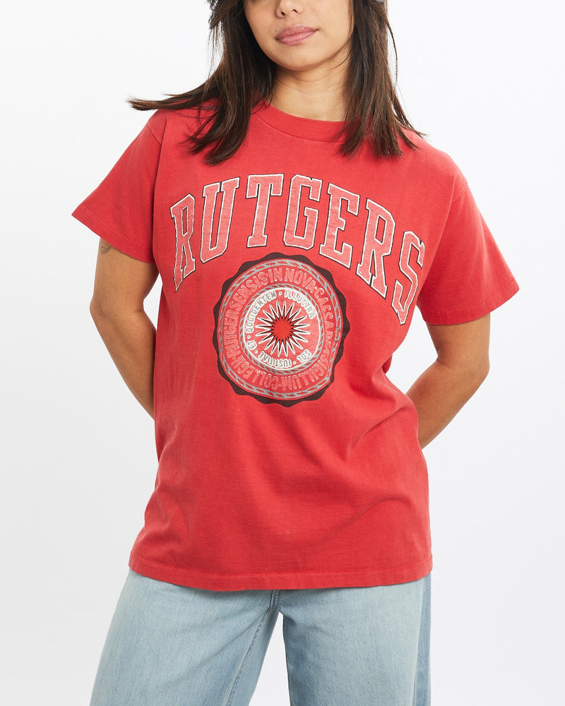Vintage, 80s, NCAA, Rutgers, University, Tee, The Real Deal, size double extra small, colour Red, newtown, sydney, australia, thrift store, opshop, preloved, secondhand, sustainable, retro, antique, 70s, 80s, 90s, 2000s, 00s, fashion, clothing, streetwear, trendy, garment, style, boutique, store, shop, archive, sale, cheap, best, top, T-Shirts
