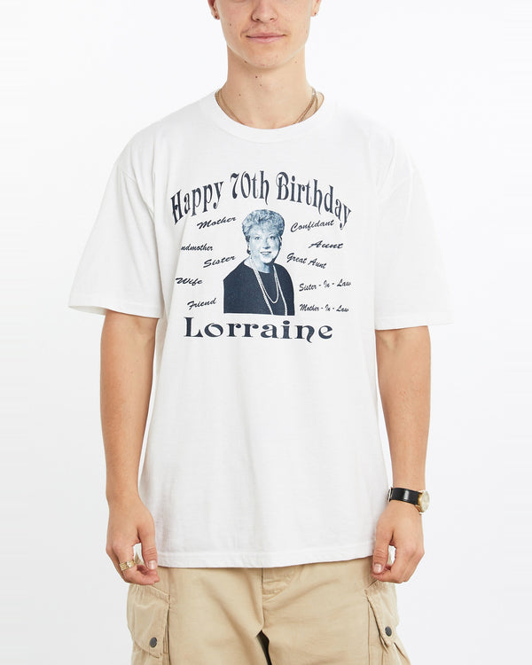 Vintage, 90s, Happy, 70th, Birthday, Lorraine', Tee, The Real Deal, size large, colour White, newtown, sydney, australia, thrift store, opshop, preloved, secondhand, sustainable, retro, antique, 70s, 80s, 90s, 2000s, 00s, fashion, clothing, streetwear, trendy, garment, style, boutique, store, shop, archive, sale, cheap, best, top, T-Shirts