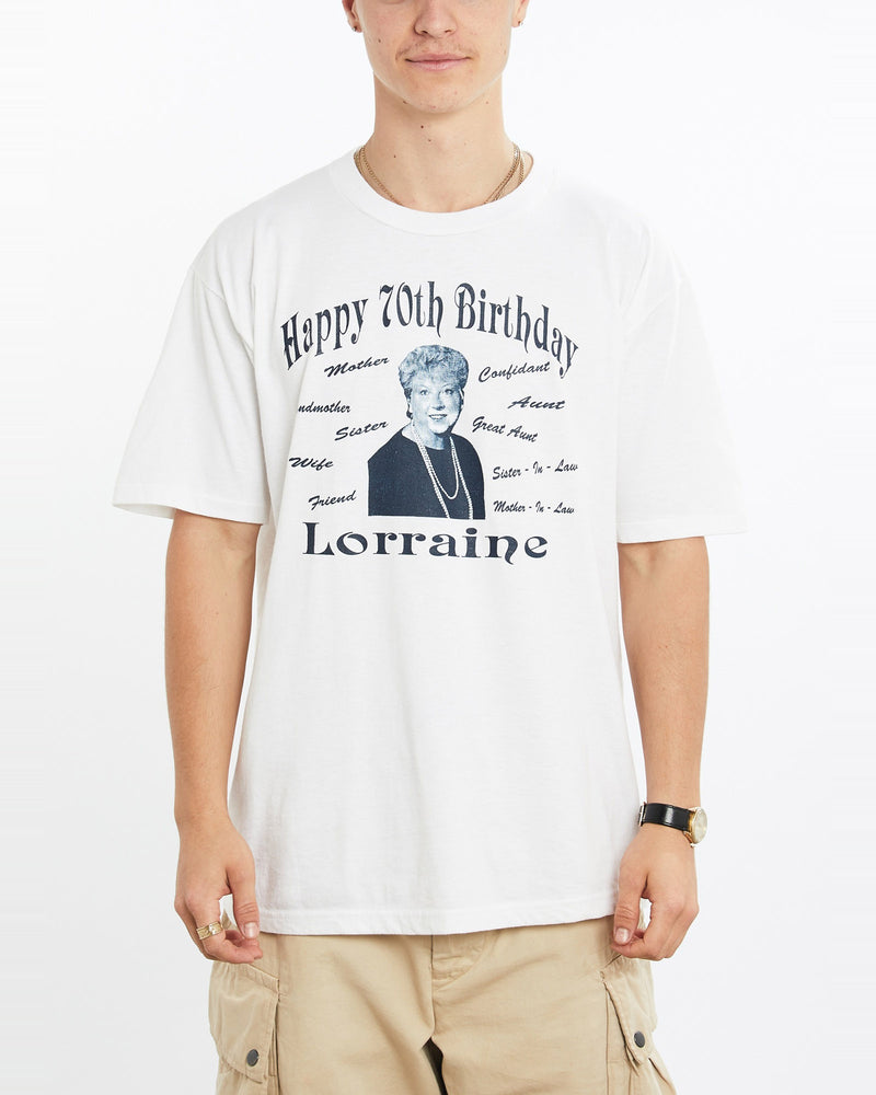 Vintage, 90s, Happy, 70th, Birthday, Lorraine', Tee, The Real Deal, size large, colour White, newtown, sydney, australia, thrift store, opshop, preloved, secondhand, sustainable, retro, antique, 70s, 80s, 90s, 2000s, 00s, fashion, clothing, streetwear, trendy, garment, style, boutique, store, shop, archive, sale, cheap, best, top, T-Shirts