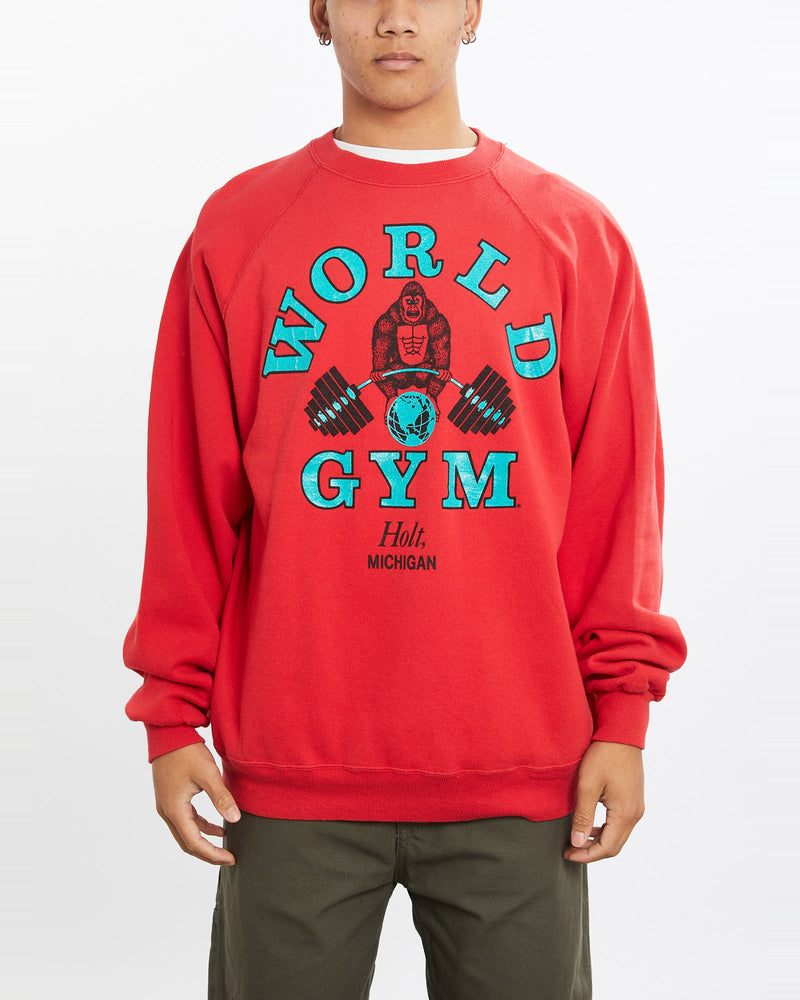Vintage, 90s, World, Gym, Sweatshirt, The Real Deal, size large, colour Red, newtown, sydney, australia, thrift store, opshop, preloved, secondhand, sustainable, retro, antique, 70s, 80s, 90s, 2000s, 00s, fashion, clothing, streetwear, trendy, garment, style, boutique, store, shop, archive, sale, cheap, best, top, Sweats and hoodies