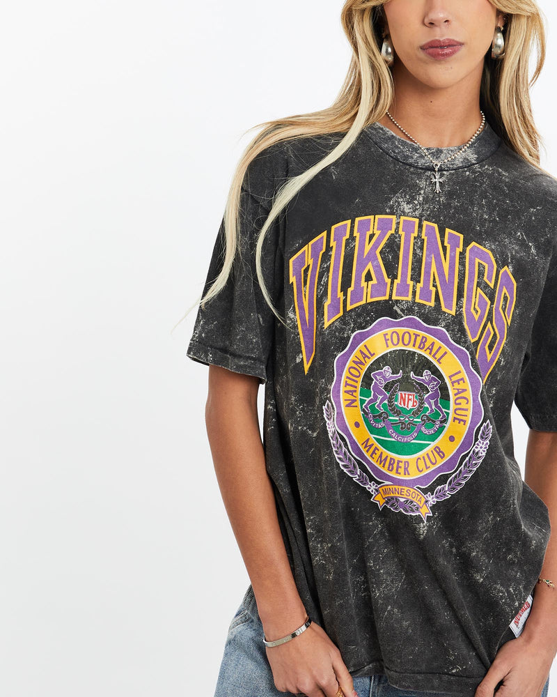Vintage, 90s, NFL, Minnesota, Vikings, Acid, Wash, Tee, The Real Deal, size small, colour Black, newtown, sydney, australia, thrift store, opshop, preloved, secondhand, sustainable, retro, antique, 70s, 80s, 90s, 2000s, 00s, fashion, clothing, streetwear, trendy, garment, style, boutique, store, shop, archive, sale, cheap, best, top, T-Shirts