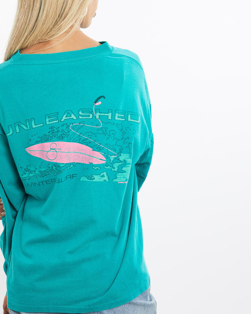 Vintage, 1987, Ocean, Pacific, Surf, Long, Sleeve, Tee, The Real Deal, size small, colour Green, newtown, sydney, australia, thrift store, opshop, preloved, secondhand, sustainable, retro, antique, 70s, 80s, 90s, 2000s, 00s, fashion, clothing, streetwear, trendy, garment, style, boutique, store, shop, archive, sale, cheap, best, top, T-Shirts