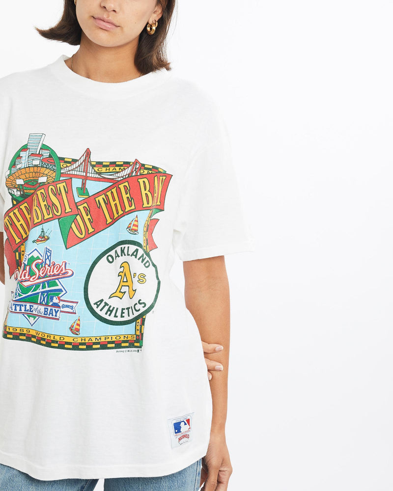 Vintage, 1989, MLB, Oakland, Athletics, Tee, The Real Deal, size small, colour White, newtown, sydney, australia, thrift store, opshop, preloved, secondhand, sustainable, retro, antique, 70s, 80s, 90s, 2000s, 00s, fashion, clothing, streetwear, trendy, garment, style, boutique, store, shop, archive, sale, cheap, best, top, T-Shirts