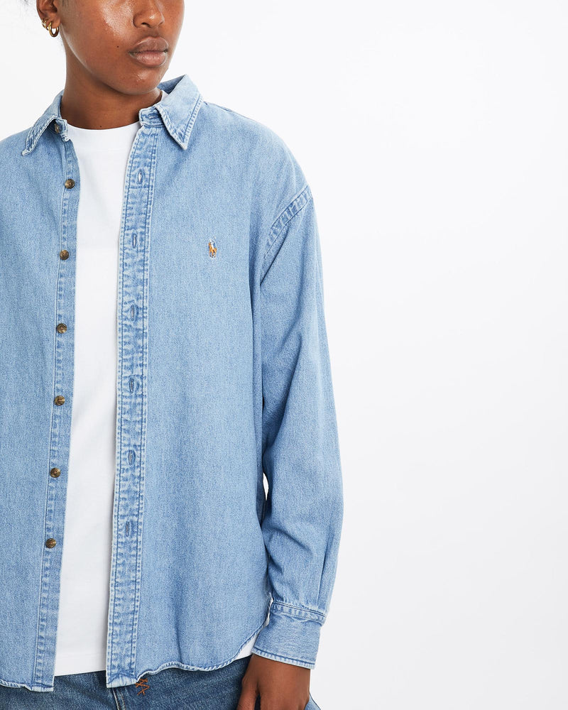 Vintage, 90s, Ralph, Lauren, Polo, Sport, Denim, Button, Up, Shirt, The Real Deal, size medium, colour Blue, newtown, sydney, australia, thrift store, opshop, preloved, secondhand, sustainable, retro, antique, 70s, 80s, 90s, 2000s, 00s, fashion, clothing, streetwear, trendy, garment, style, boutique, store, shop, archive, sale, cheap, best, top, Shirts