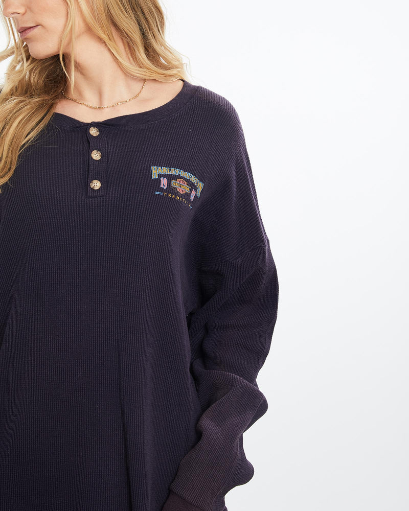 Vintage, Harley, Davidson, Thermal, Long, Sleeve, Tee, The Real Deal, size extra large, colour Purple, newtown, sydney, australia, thrift store, opshop, preloved, secondhand, sustainable, retro, antique, 70s, 80s, 90s, 2000s, 00s, fashion, clothing, streetwear, trendy, garment, style, boutique, store, shop, archive, sale, cheap, best, top, T-Shirts