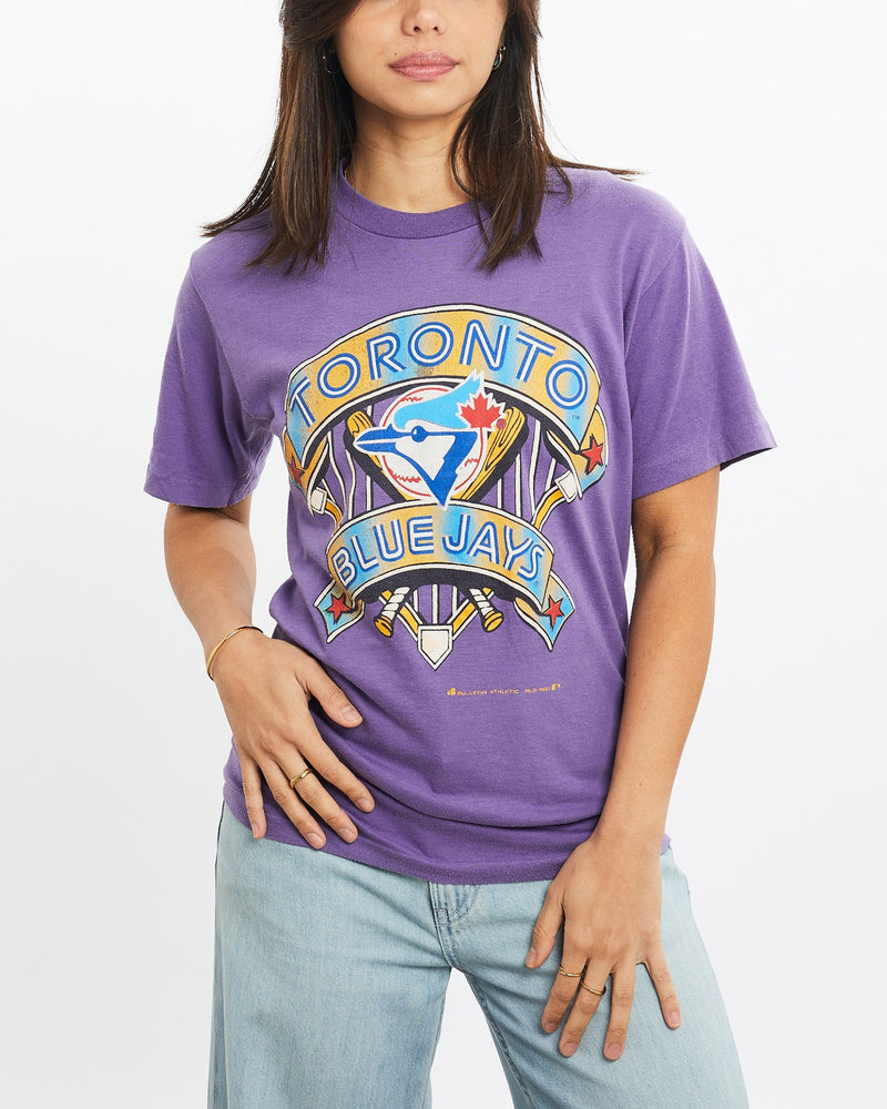 Vintage, 1991, MLB, Toronto, Blue, Jays, Tee, The Real Deal, size double extra small, colour Purple, newtown, sydney, australia, thrift store, opshop, preloved, secondhand, sustainable, retro, antique, 70s, 80s, 90s, 2000s, 00s, fashion, clothing, streetwear, trendy, garment, style, boutique, store, shop, archive, sale, cheap, best, top, T-Shirts