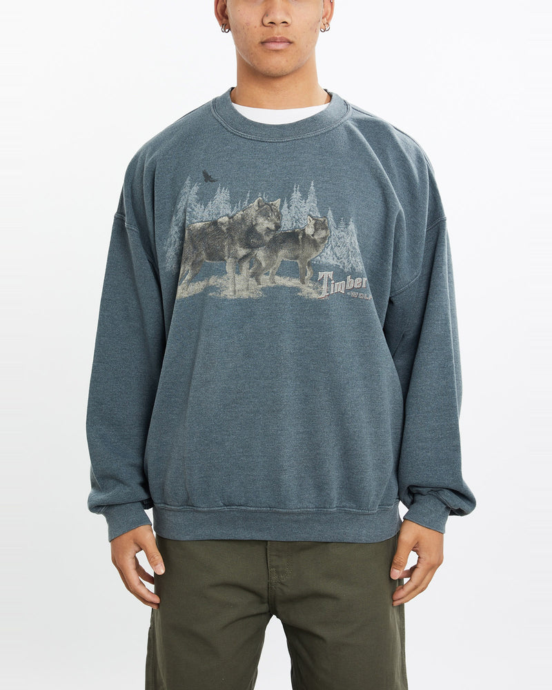 Vintage, Timber, Wolf, Wildlife, Sweatshirt, The Real Deal, size large, colour Blue, newtown, sydney, australia, thrift store, opshop, preloved, secondhand, sustainable, retro, antique, 70s, 80s, 90s, 2000s, 00s, fashion, clothing, streetwear, trendy, garment, style, boutique, store, shop, archive, sale, cheap, best, top, Sweats and hoodies