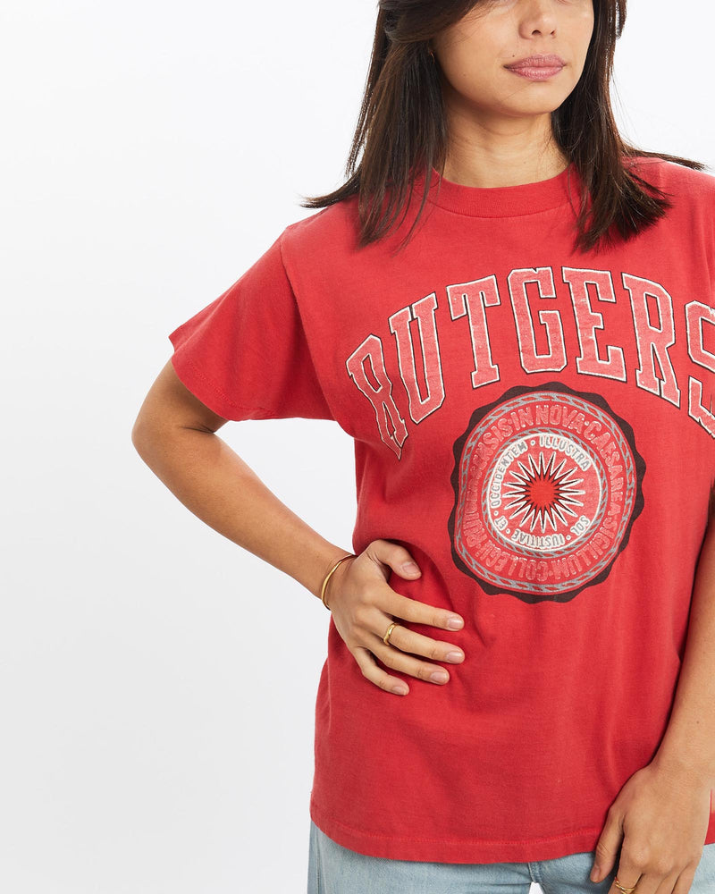 Vintage, 80s, NCAA, Rutgers, University, Tee, The Real Deal, size double extra small, colour Red, newtown, sydney, australia, thrift store, opshop, preloved, secondhand, sustainable, retro, antique, 70s, 80s, 90s, 2000s, 00s, fashion, clothing, streetwear, trendy, garment, style, boutique, store, shop, archive, sale, cheap, best, top, T-Shirts