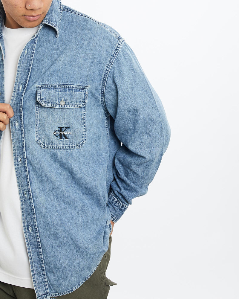 Vintage, Calvin, Klein, Denim, Button, Up, Shirt, The Real Deal, size large, colour Blue, newtown, sydney, australia, thrift store, opshop, preloved, secondhand, sustainable, retro, antique, 70s, 80s, 90s, 2000s, 00s, fashion, clothing, streetwear, trendy, garment, style, boutique, store, shop, archive, sale, cheap, best, top, Shirts