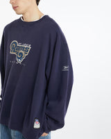 Vintage, Reebok, NFL, St., Louis, Rams, Sweatshirt, The Real Deal, size double extra large, colour Navy, newtown, sydney, australia, thrift store, opshop, preloved, secondhand, sustainable, retro, antique, 70s, 80s, 90s, 2000s, 00s, fashion, clothing, streetwear, trendy, garment, style, boutique, store, shop, archive, sale, cheap, best, top, Sweats and hoodies