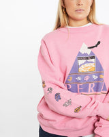 Vintage, 90s, Machu, Picchu, Peru, Sweatshirt, The Real Deal, size medium, colour Pink, newtown, sydney, australia, thrift store, opshop, preloved, secondhand, sustainable, retro, antique, 70s, 80s, 90s, 2000s, 00s, fashion, clothing, streetwear, trendy, garment, style, boutique, store, shop, archive, sale, cheap, best, top, Sweats and hoodies
