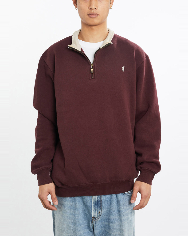 Vintage, 90s, Polo, Ralph, Lauren, Quarter, Zip, Sweatshirt, The Real Deal, size large, colour Burgundy, newtown, sydney, australia, thrift store, opshop, preloved, secondhand, sustainable, retro, antique, 70s, 80s, 90s, 2000s, 00s, fashion, clothing, streetwear, trendy, garment, style, boutique, store, shop, archive, sale, cheap, best, top, Sweats and hoodies