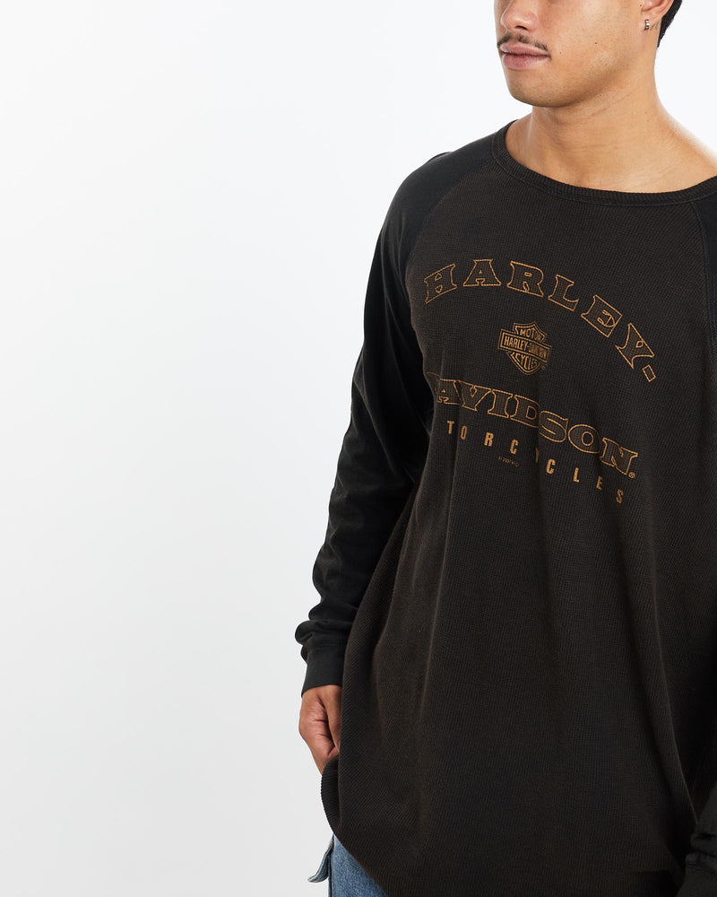 Vintage, Harley, Davidson, Thermal, Long, Sleeve, Tee, The Real Deal, size double extra large, colour Black, newtown, sydney, australia, thrift store, opshop, preloved, secondhand, sustainable, retro, antique, 70s, 80s, 90s, 2000s, 00s, fashion, clothing, streetwear, trendy, garment, style, boutique, store, shop, archive, sale, cheap, best, top, T-Shirts