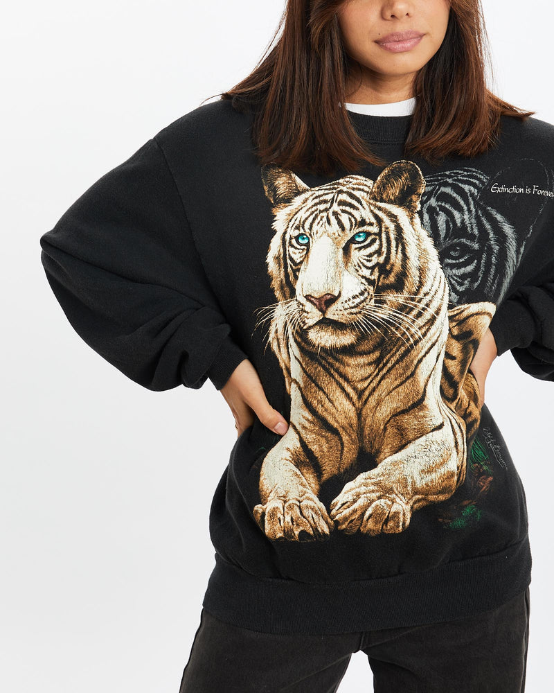 Vintage, 90s, Tiger, Wildlife, Sweatshirt, The Real Deal, size extra small, colour Navy, newtown, sydney, australia, thrift store, opshop, preloved, secondhand, sustainable, retro, antique, 70s, 80s, 90s, 2000s, 00s, fashion, clothing, streetwear, trendy, garment, style, boutique, store, shop, archive, sale, cheap, best, top, Sweats and hoodies