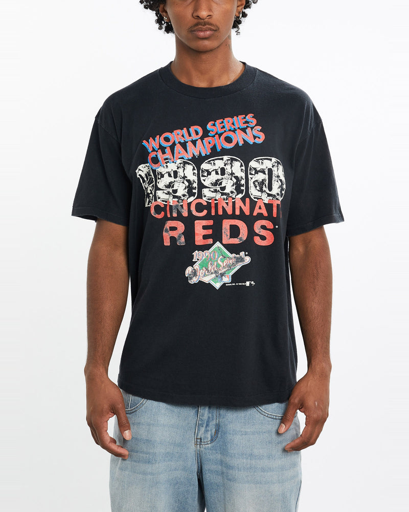 Vintage, 1990, MLB, Cincinnati, Reds, World, Series, Tee, The Real Deal, size large, colour Black, newtown, sydney, australia, thrift store, opshop, preloved, secondhand, sustainable, retro, antique, 70s, 80s, 90s, 2000s, 00s, fashion, clothing, streetwear, trendy, garment, style, boutique, store, shop, archive, sale, cheap, best, top, T-Shirts