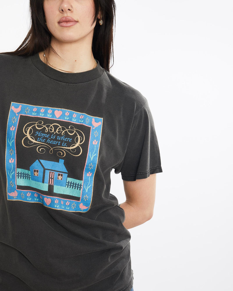 Vintage, 90s, Home, Is, Where, The, Heart, Is', Tee, The Real Deal, size medium, colour Black, newtown, sydney, australia, thrift store, opshop, preloved, secondhand, sustainable, retro, antique, 70s, 80s, 90s, 2000s, 00s, fashion, clothing, streetwear, trendy, garment, style, boutique, store, shop, archive, sale, cheap, best, top, T-Shirts