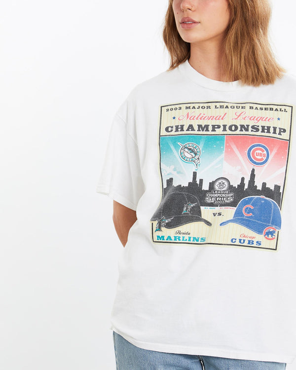 Vintage, MLB, Marlins, vs, Cubs, Tee, The Real Deal, size large, colour White, newtown, sydney, australia, thrift store, opshop, preloved, secondhand, sustainable, retro, antique, 70s, 80s, 90s, 2000s, 00s, fashion, clothing, streetwear, trendy, garment, style, boutique, store, shop, archive, sale, cheap, best, top, T-Shirts