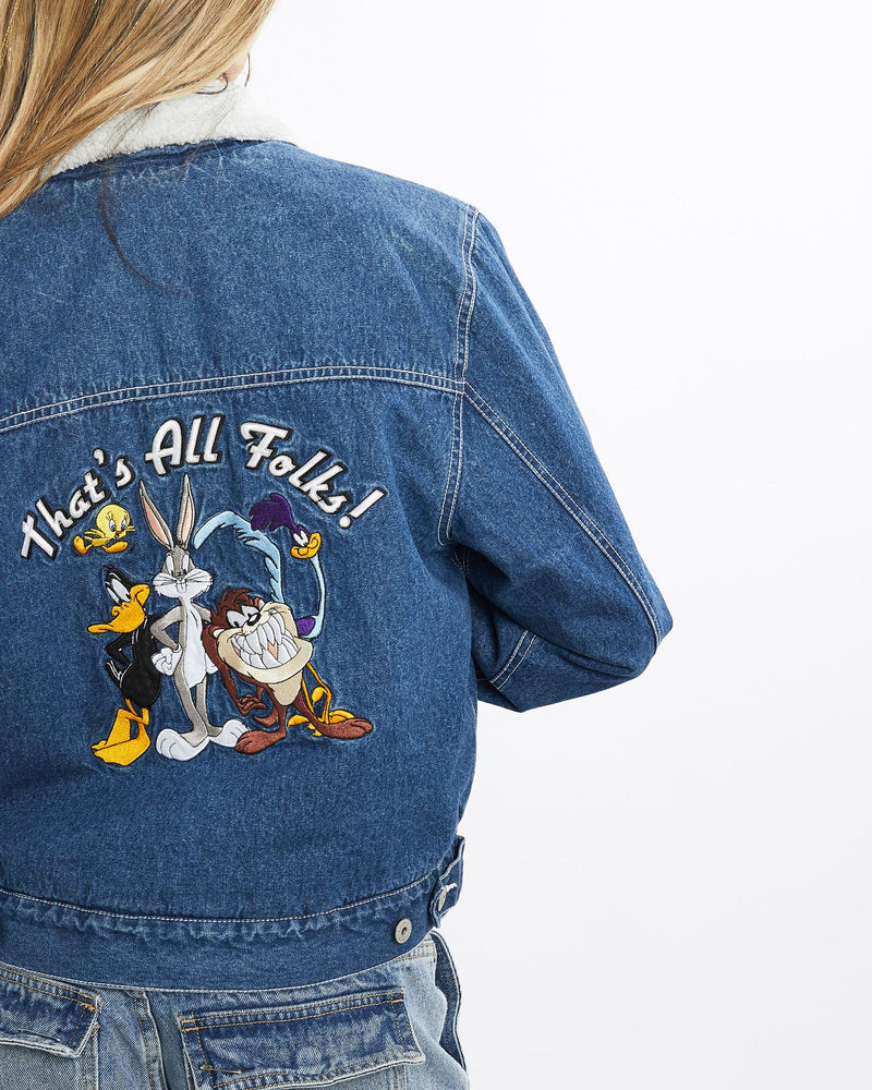 Vintage, Looney, Tunes, Sherpa, Lined, Denim, Jacket, The Real Deal, size extra small, colour Blue, newtown, sydney, australia, thrift store, opshop, preloved, secondhand, sustainable, retro, antique, 70s, 80s, 90s, 2000s, 00s, fashion, clothing, streetwear, trendy, garment, style, boutique, store, shop, archive, sale, cheap, best, top, Jackets