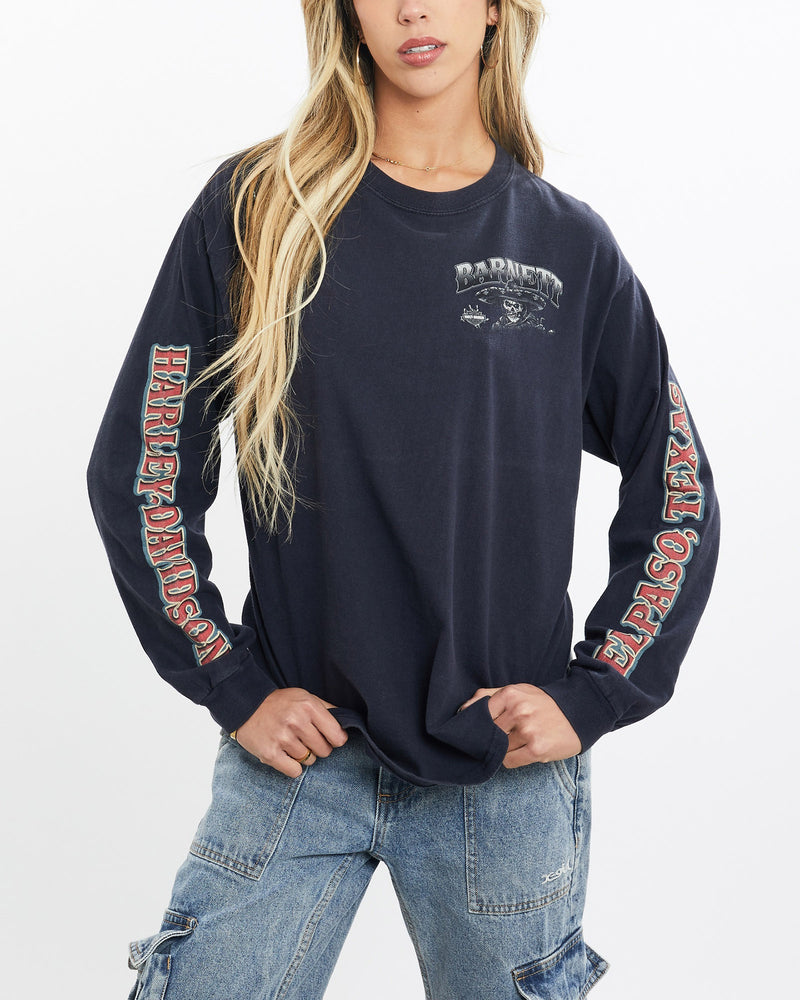 Vintage, Harley, Davidson, Long, Sleeve, Tee, The Real Deal, size small, colour Navy, newtown, sydney, australia, thrift store, opshop, preloved, secondhand, sustainable, retro, antique, 70s, 80s, 90s, 2000s, 00s, fashion, clothing, streetwear, trendy, garment, style, boutique, store, shop, archive, sale, cheap, best, top, T-Shirts