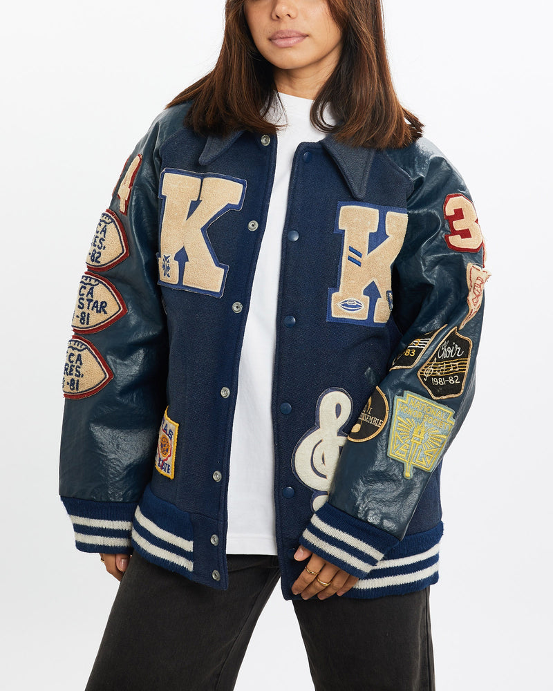 Vintage, 80s, Letterman, Varsity, Jacket, The Real Deal, size extra small, colour Blue, newtown, sydney, australia, thrift store, opshop, preloved, secondhand, sustainable, retro, antique, 70s, 80s, 90s, 2000s, 00s, fashion, clothing, streetwear, trendy, garment, style, boutique, store, shop, archive, sale, cheap, best, top, Jackets
