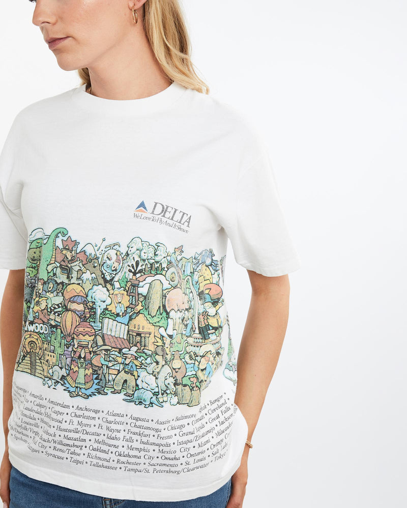 Vintage, 90s, Delta, Airlines, Tee, The Real Deal, size medium, colour White, newtown, sydney, australia, thrift store, opshop, preloved, secondhand, sustainable, retro, antique, 70s, 80s, 90s, 2000s, 00s, fashion, clothing, streetwear, trendy, garment, style, boutique, store, shop, archive, sale, cheap, best, top, T-Shirts