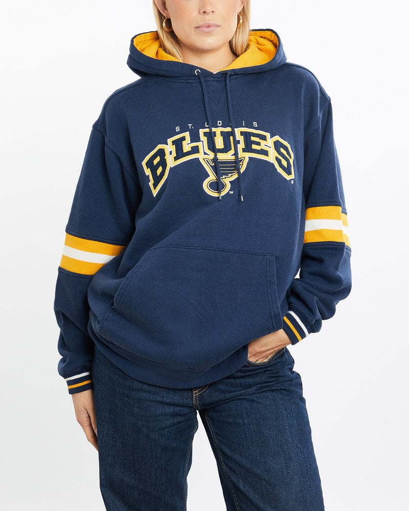 Vintage, NHL, St., Louis, Blues, Hooded, Sweatshirt, The Real Deal, size medium, colour Navy, newtown, sydney, australia, thrift store, opshop, preloved, secondhand, sustainable, retro, antique, 70s, 80s, 90s, 2000s, 00s, fashion, clothing, streetwear, trendy, garment, style, boutique, store, shop, archive, sale, cheap, best, top, Sweats and hoodies
