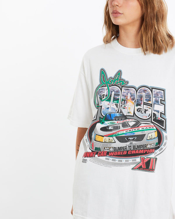 Vintage, John, Force, MBNA, Racing, Tee, The Real Deal, size medium, colour White, newtown, sydney, australia, thrift store, opshop, preloved, secondhand, sustainable, retro, antique, 70s, 80s, 90s, 2000s, 00s, fashion, clothing, streetwear, trendy, garment, style, boutique, store, shop, archive, sale, cheap, best, top, T-Shirts
