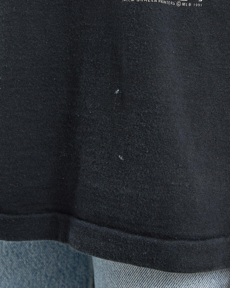 Vintage, 1991, MLB, Texas, Rangers, Nolan, Ryan', Tee, The Real Deal, size extra small, colour Black, newtown, sydney, australia, thrift store, opshop, preloved, secondhand, sustainable, retro, antique, 70s, 80s, 90s, 2000s, 00s, fashion, clothing, streetwear, trendy, garment, style, boutique, store, shop, archive, sale, cheap, best, top, T-Shirts